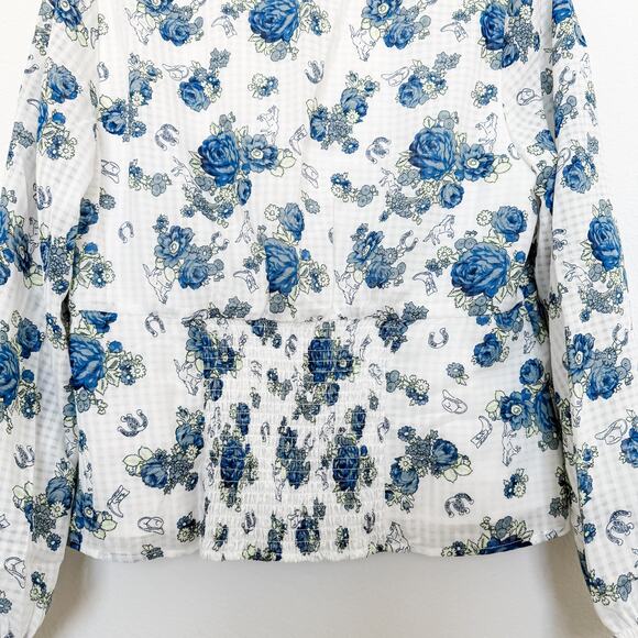 Modcloth Rodeo Rose‎ Button-Up Western Floral Print Top White Blue Size Large - Picture 6 of 6